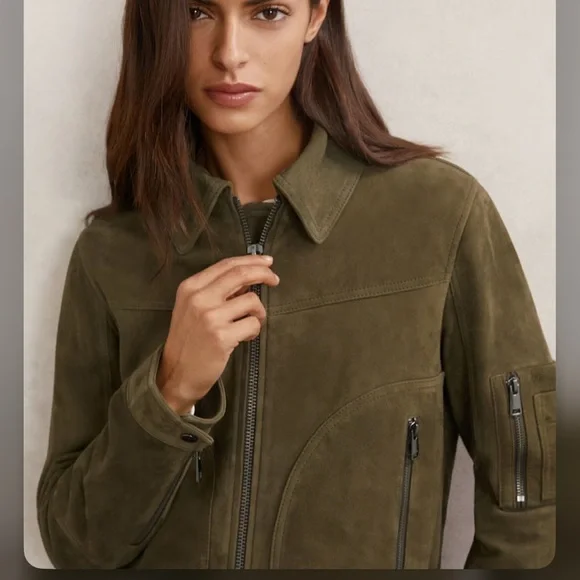 Tate
Suede Zip-Through Jacket in Khaki Green - Picture 7 of 7